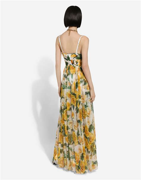 Long silk chiffon dress with yellow rose print 